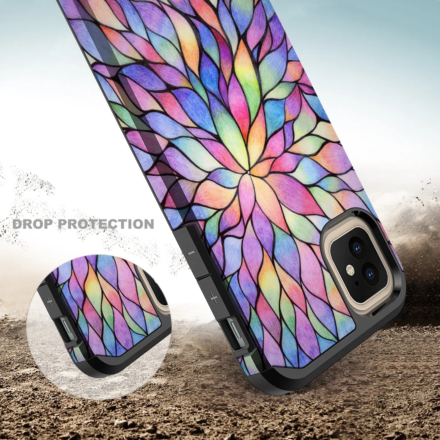 Apple iPhone 12 mini , iPhone 12 mini, [Include Temper Glass Screen Protector] Slim Hybrid Dual Layer [Shock Resistant] Case for iPhone 12 mini - Rainbow Flower