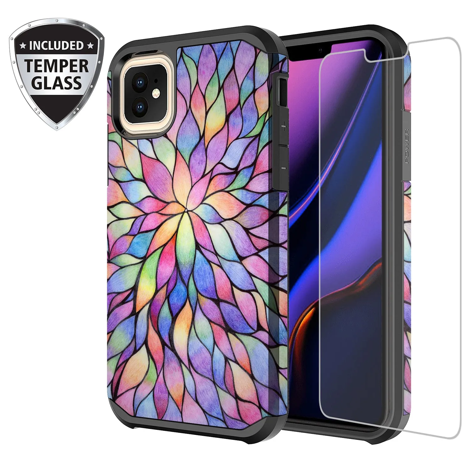 Apple iPhone 12 mini , iPhone 12 mini, [Include Temper Glass Screen Protector] Slim Hybrid Dual Layer [Shock Resistant] Case for iPhone 12 mini - Rainbow Flower