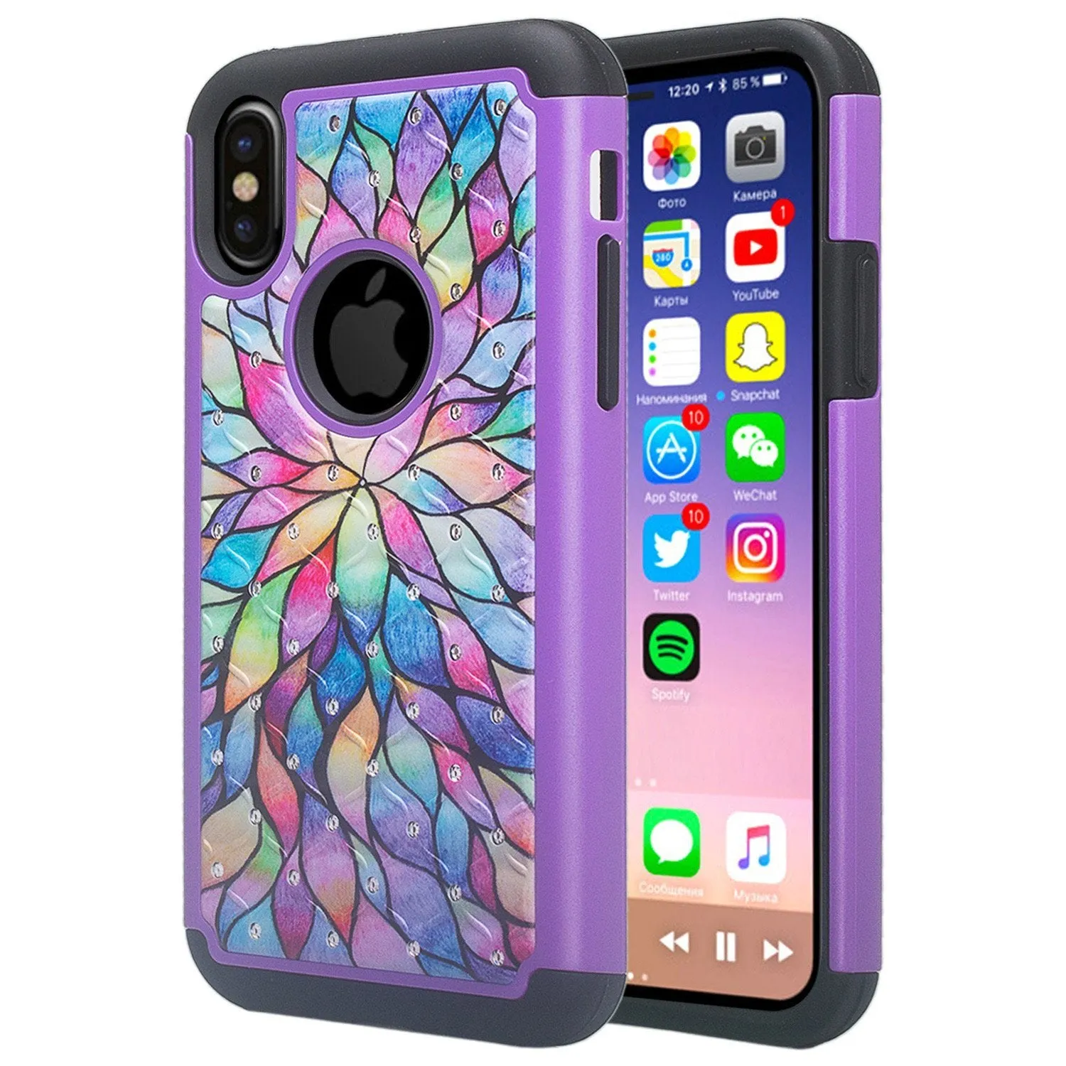 Apple iPhone X, Iphone 10, Slim Hybrid Dual Layer Crystal Rhinestone Case - Rainbow Flower