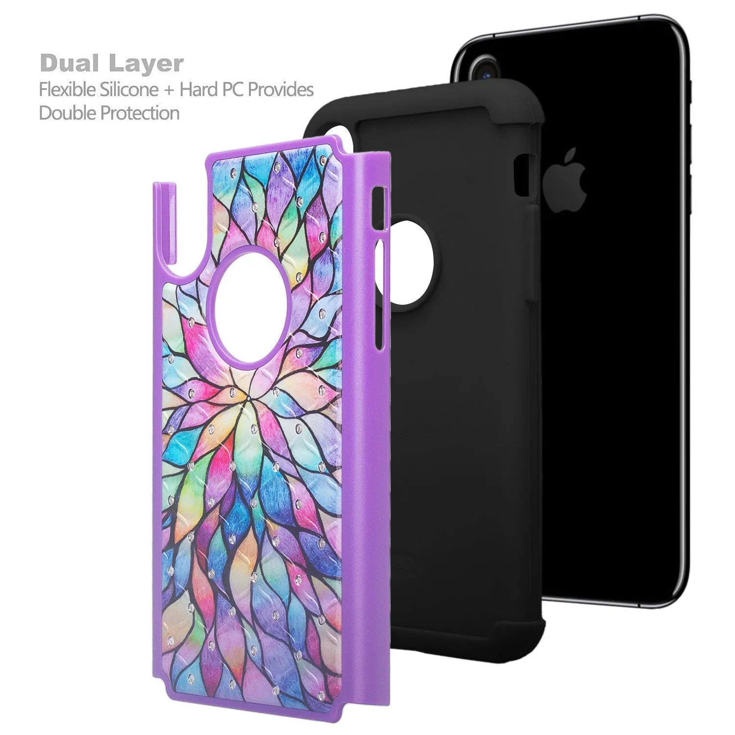 Apple iPhone X, Iphone 10, Slim Hybrid Dual Layer Crystal Rhinestone Case - Rainbow Flower