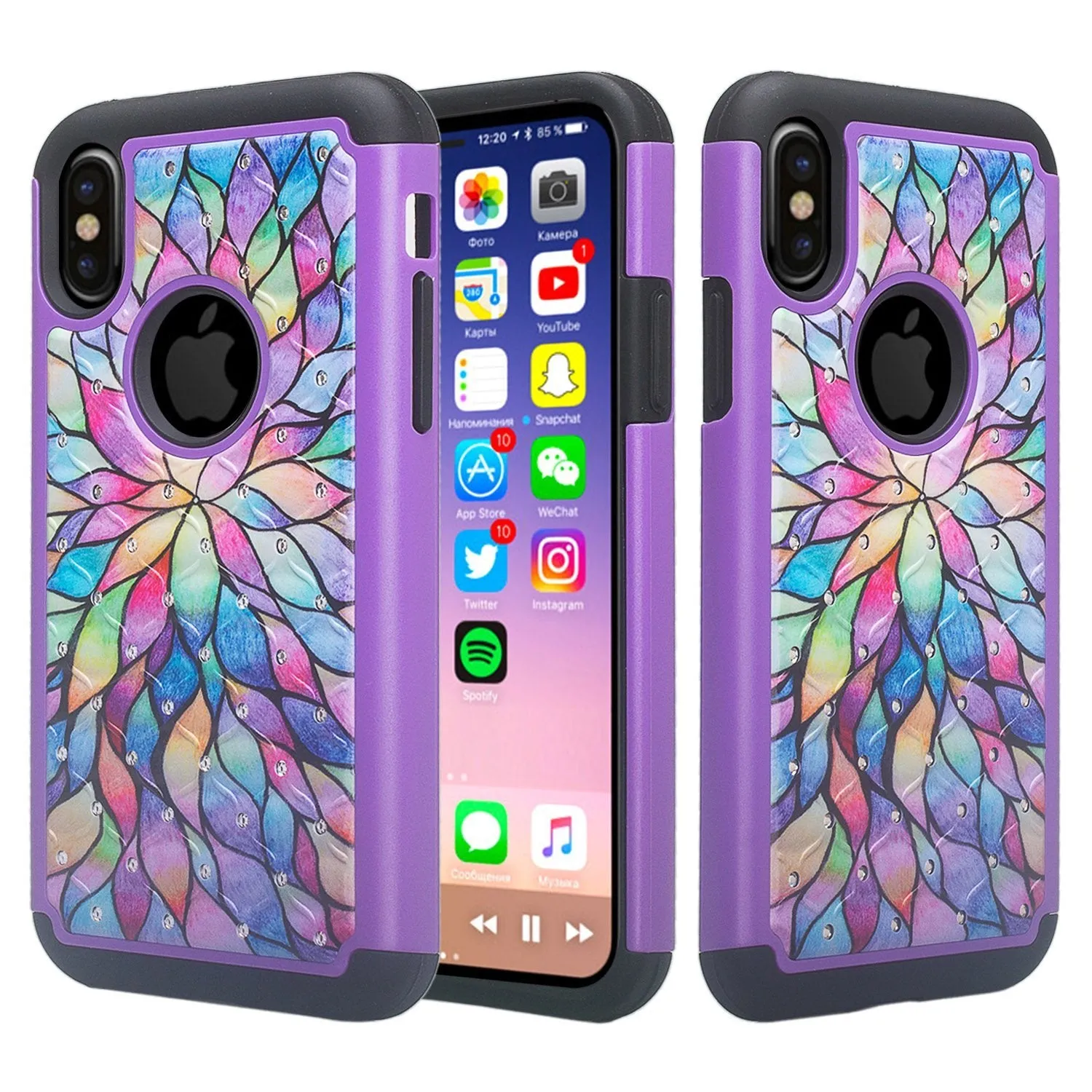 Apple iPhone X, Iphone 10, Slim Hybrid Dual Layer Crystal Rhinestone Case - Rainbow Flower