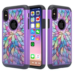 Apple iPhone X, Iphone 10, Slim Hybrid Dual Layer Crystal Rhinestone Case - Rainbow Flower
