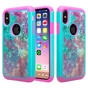 Apple iPhone X, Iphone 10, Slim Hybrid Dual Layer Crystal Rhinestone Case - Teal Flower