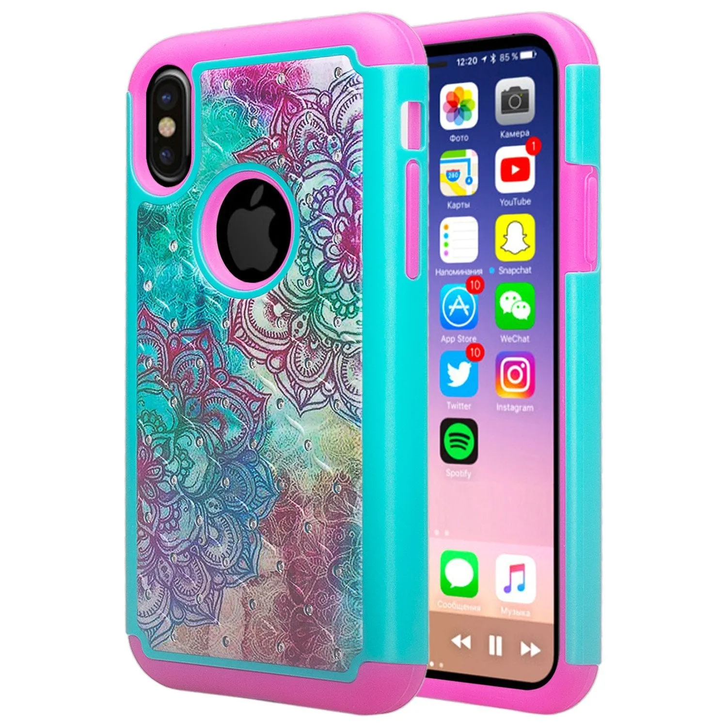 Apple iPhone X, Iphone 10, Slim Hybrid Dual Layer Crystal Rhinestone Case - Teal Flower