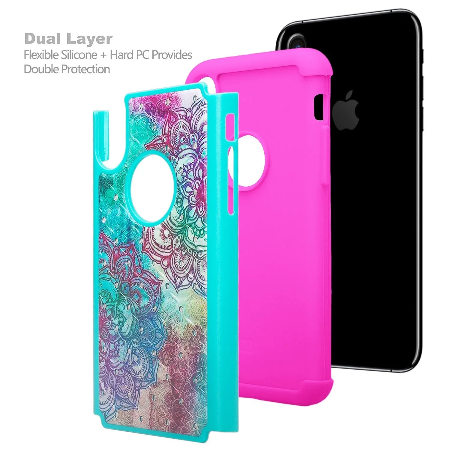 Apple iPhone X, Iphone 10, Slim Hybrid Dual Layer Crystal Rhinestone Case - Teal Flower