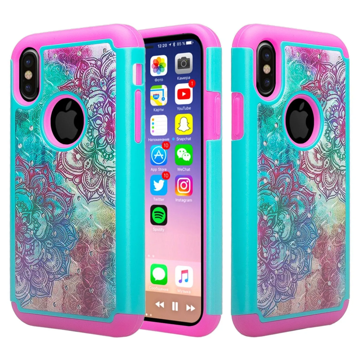 Apple iPhone X, Iphone 10, Slim Hybrid Dual Layer Crystal Rhinestone Case - Teal Flower
