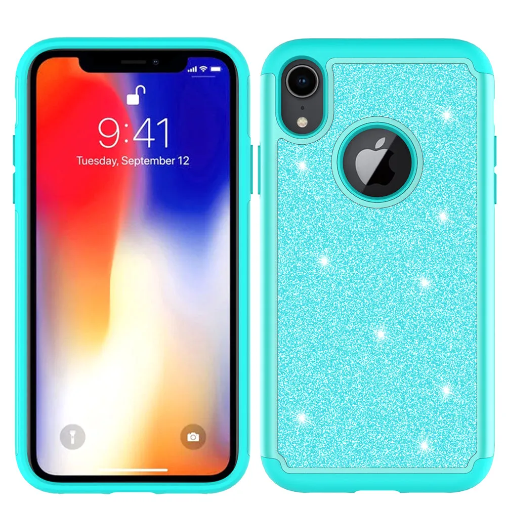 Apple iPhone XR Case, Apple A1984 Glitter Bling Heavy Duty Shock Proof Hybrid Case with [HD Screen Protector] Dual Layer Protective Phone Case Cover for Apple iPhone XR W/Temper Glass - Teal