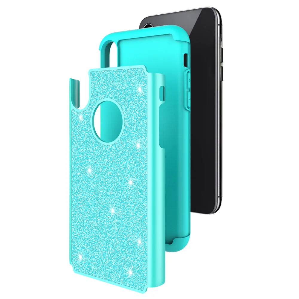 Apple iPhone XR Case, Apple A1984 Glitter Bling Heavy Duty Shock Proof Hybrid Case with [HD Screen Protector] Dual Layer Protective Phone Case Cover for Apple iPhone XR W/Temper Glass - Teal