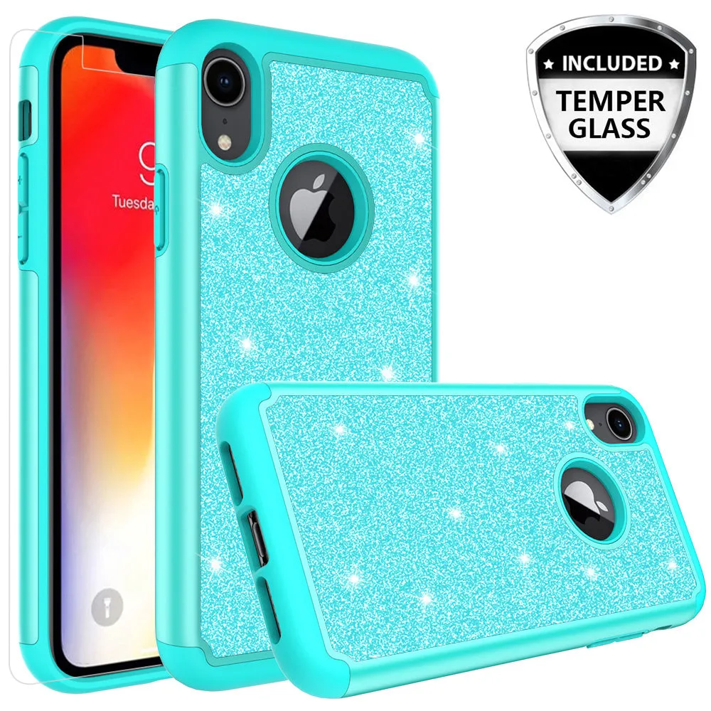 Apple iPhone XR Case, Apple A1984 Glitter Bling Heavy Duty Shock Proof Hybrid Case with [HD Screen Protector] Dual Layer Protective Phone Case Cover for Apple iPhone XR W/Temper Glass - Teal