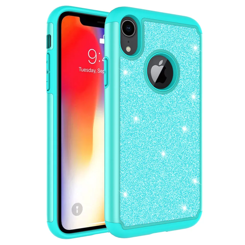 Apple iPhone XR Case, Apple A1984 Glitter Bling Heavy Duty Shock Proof Hybrid Case with [HD Screen Protector] Dual Layer Protective Phone Case Cover for Apple iPhone XR W/Temper Glass - Teal
