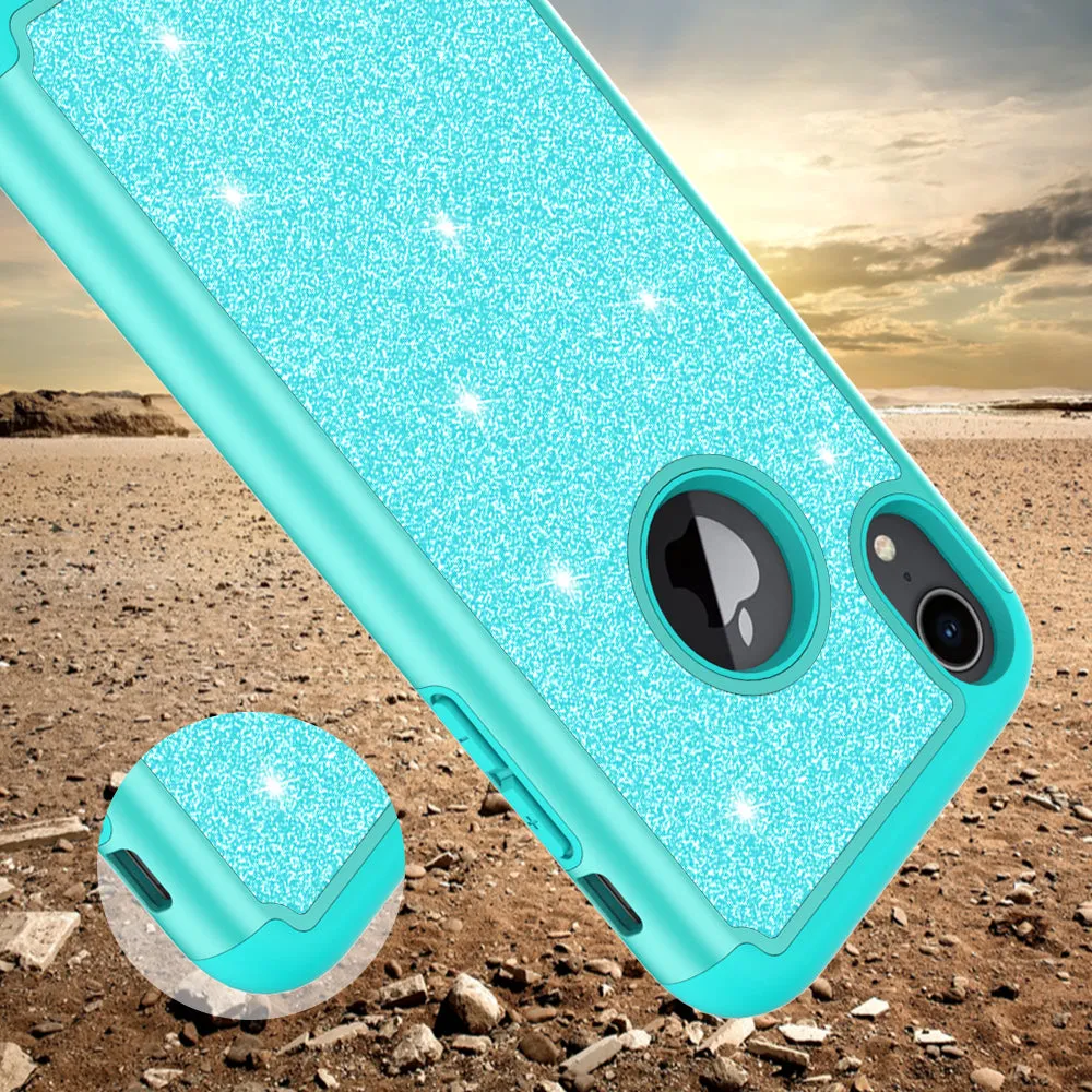 Apple iPhone XR Case, Apple A1984 Glitter Bling Heavy Duty Shock Proof Hybrid Case with [HD Screen Protector] Dual Layer Protective Phone Case Cover for Apple iPhone XR W/Temper Glass - Teal