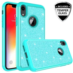 Apple iPhone XR Case, Apple A1984 Glitter Bling Heavy Duty Shock Proof Hybrid Case with [HD Screen Protector] Dual Layer Protective Phone Case Cover for Apple iPhone XR W/Temper Glass - Teal