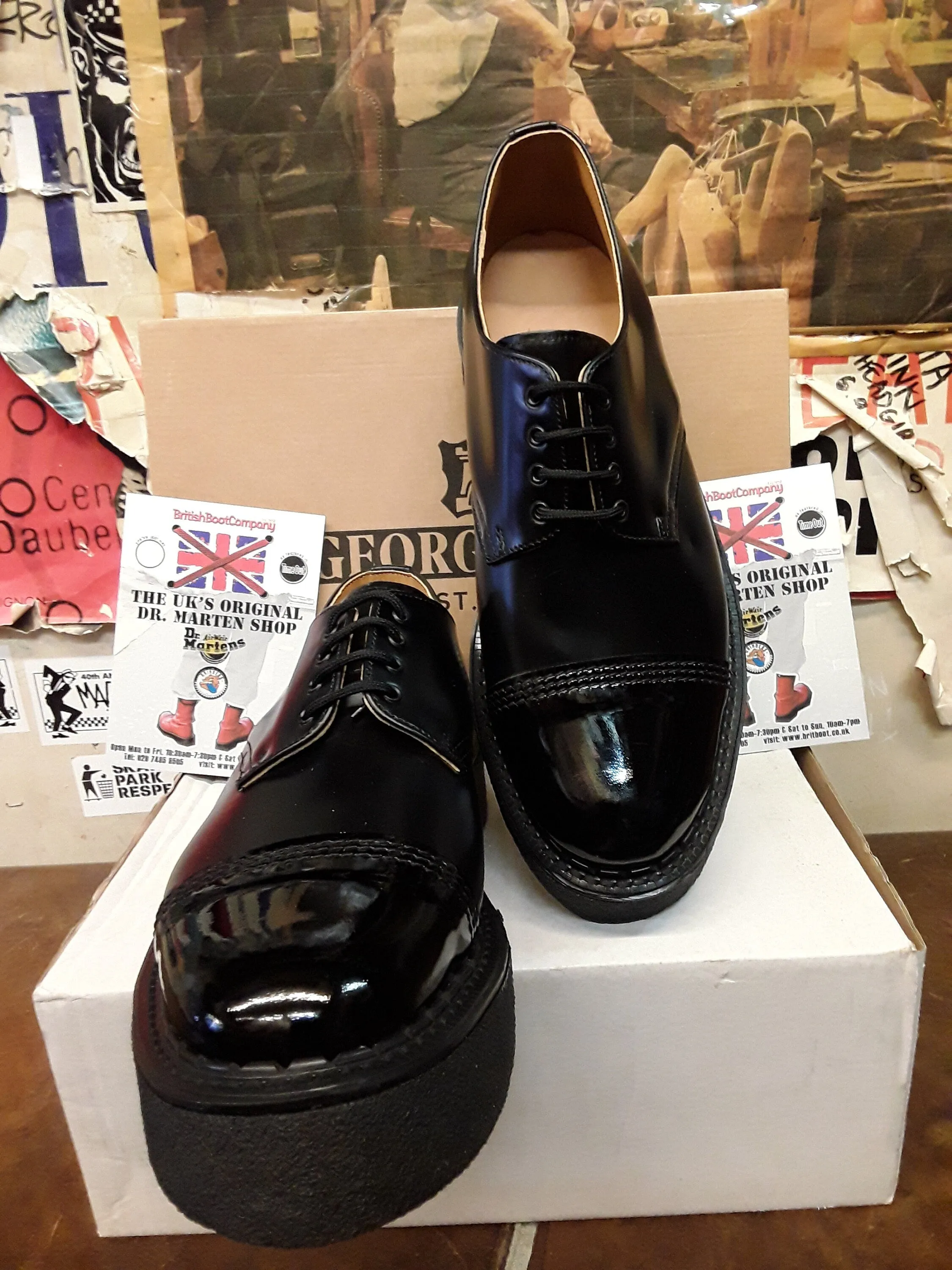 George Cox X Platform Black 4 Hole Patent capped Oxfords Size 10