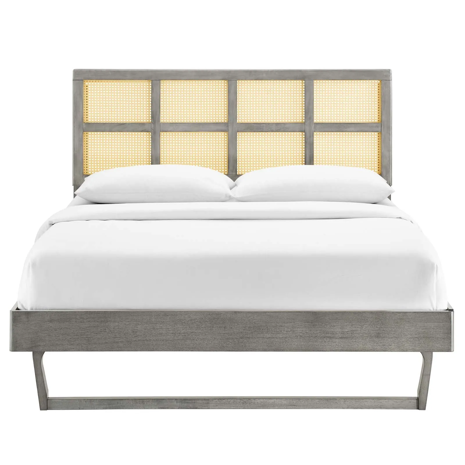 Sidney Cane and Wood Platform Bed With Angular Legs