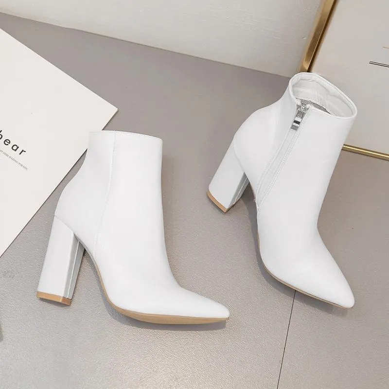 Women's white chunky high heel pointed toe booties