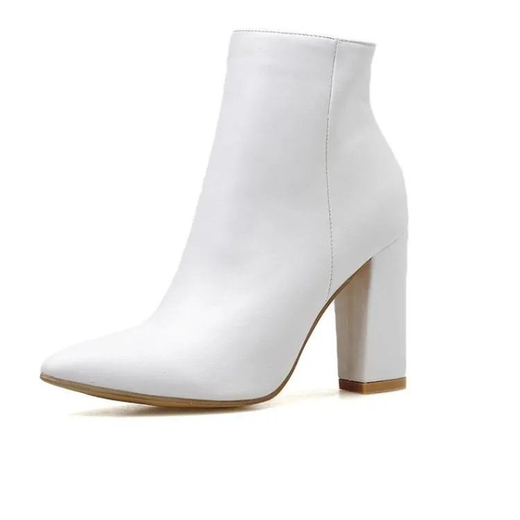 Women's white chunky high heel pointed toe booties