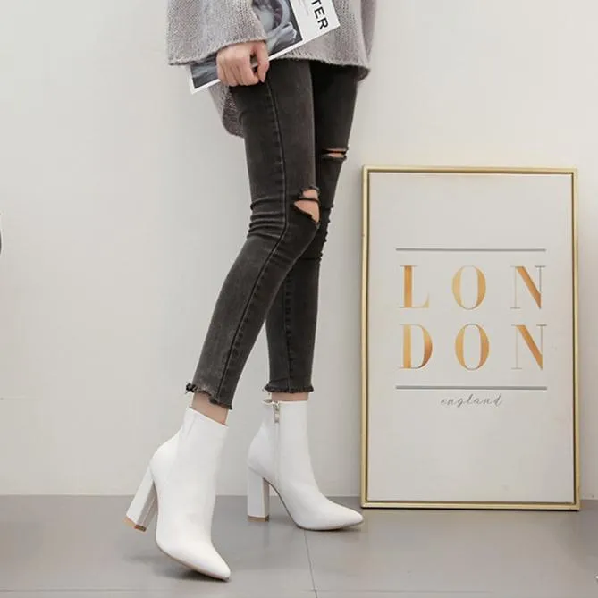 Women's white chunky high heel pointed toe booties